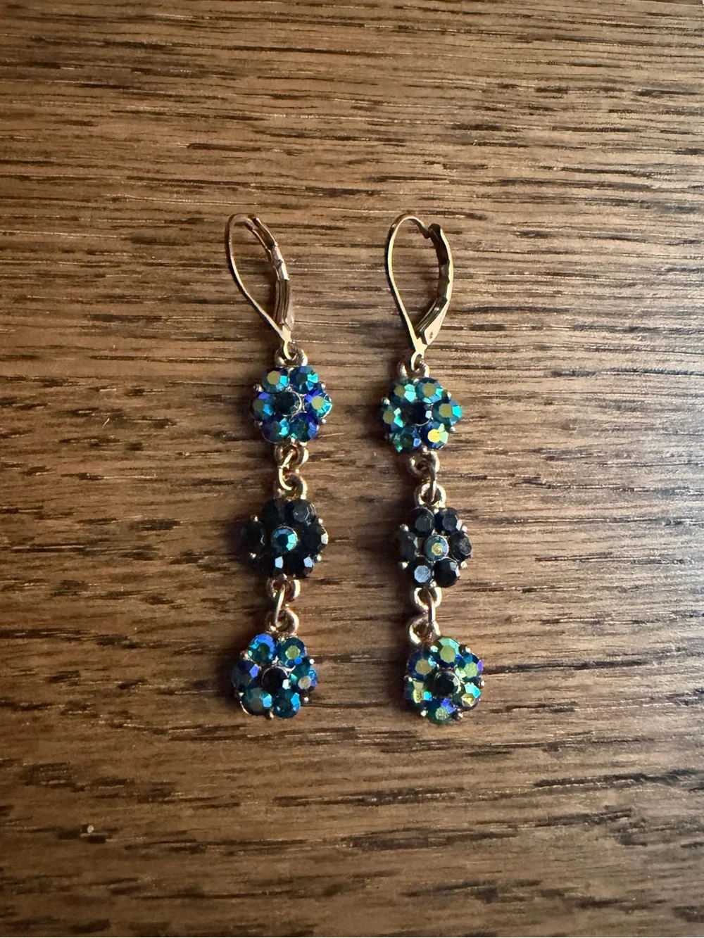 Vintage Iridescent Blue Aurora Borealis & Jet Black Crystal Flower Drop Earrings